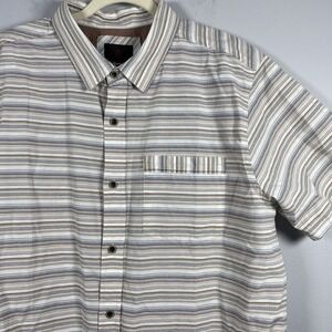 PrAna Reflect Shirt Mens Sz L Beige Striped Button Up Outdoor Hiking Performance